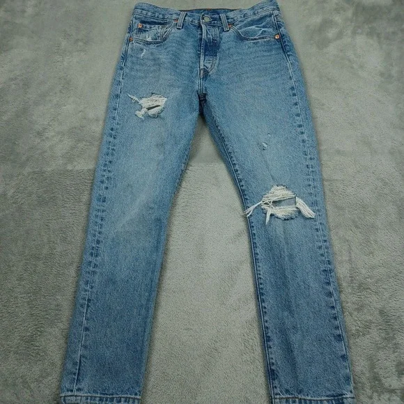 Levis 501 Jeans Womens 29 Blue Denim Premium Button Fly Straight Casual Distress - Picture 1 of 10